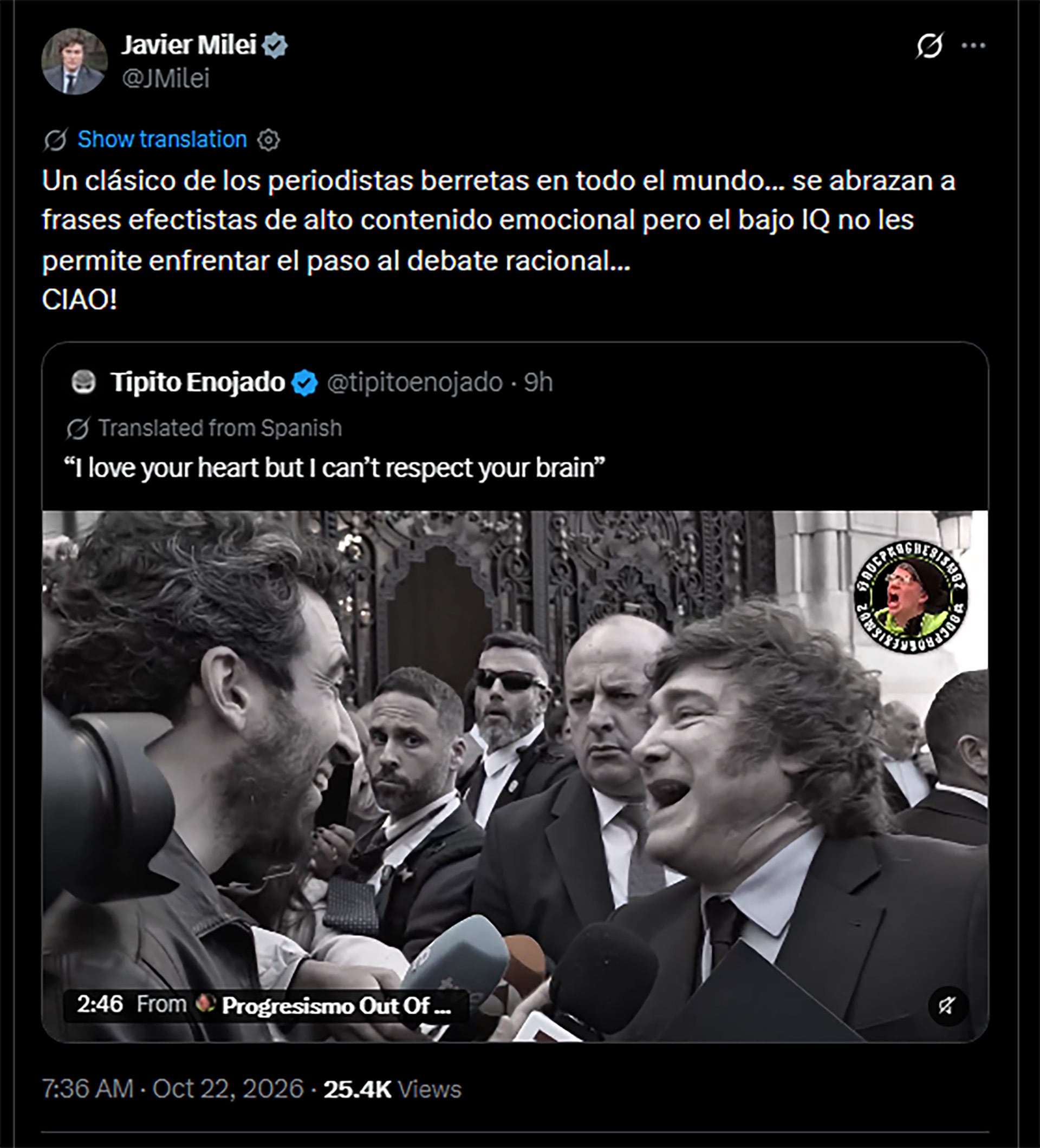 Desde su cuenta de X, Javier Milei se refirió al cruce que tuvo con un periodista español sobre su respuesta de