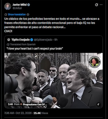 Captura de pantalla de la red social X que incluye un mensaje escrito y un video de Javier Milei ante micrófonos de prensa