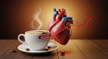 Una taza de café humeante en una mesa de madera, conectada por una línea roja a un modelo anatómico de corazón, con un signo de interrogación al final.
