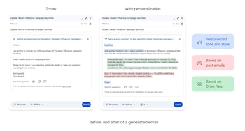 Captura de pantalla de dos ventanas de correo electrónico: una muestra un borrador genérico y la otra, un email personalizado generado por IA con detalles