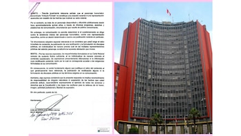 Documento legal con texto en español junto a un edificio alto con franjas rojas y ventanas grises bajo un cielo claro, con una bandera peruana en la cima