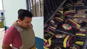 Hombre detenido a la izquierda. A la derecha, fardos de droga negros con franjas amarillas, rojas, azules y símbolo de "no cannabis", apilados en un compartimento