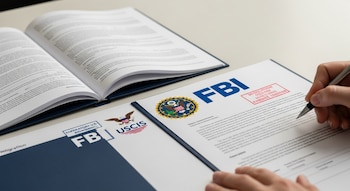 Vista cenital de una mesa de oficina con un libro abierto y documentos de inmigración. Una mano sostiene un bolígrafo sobre una carta con logos del USCIS y el FBI.