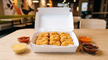 Caja abierta con nuggets de pollo y cuatro recipientes con salsas de distintos colores sobre una mesa de madera.