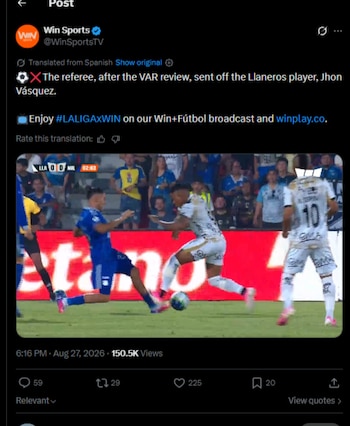 El árbitro antioqueño Ferney Ossa decidió expulsar al atacante de Llaneros Jhon Vásquez tras determinar que hubo juego brusco hacia el volante de Millonarios Sebastián Valencia -crédito @WinSportsTVX