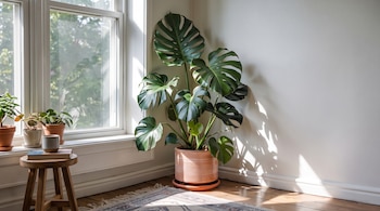 Planta Monstera en maceta de terracota, tres plantas pequeñas en macetas, ventana, taburete de madera con un libro y una taza, pared blanca, suelo de madera, alfombra.