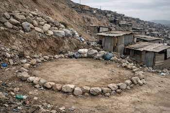Círculo de rocas en suelo de tierra rodeado de sacos y desechos. Detrás, una ladera con rocas y viviendas precarias de láminas y madera.