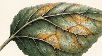 Dibujo de una hoja verde con zonas ocres, nervaduras marcadas, estructuras circulares y filamentos en el interior sobre fondo claro.