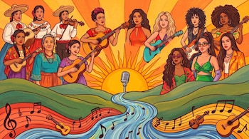 Ilustración de catorce mujeres latinoamericanas tocando guitarras y un violín; un micrófono, río, notas musicales y colinas, con un sol de fondo.
