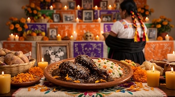 Un plato de barro con mole negro y arroz está rodeado de velas, flores de cempasúchil, pan de muerto y fotos en un altar.