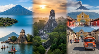 Collage de sitios turísticos de Guatemala: Lago Atitlán, ruinas de Tikal al amanecer, el Arco de Santa Catalina en Antigua y templos Mayas en el agua.
