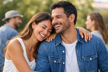 Hombre y mujer sonrientes abrazándose; la mujer con blusa blanca, el hombre con camisa de mezclilla. Dos figuras borrosas en el fondo.