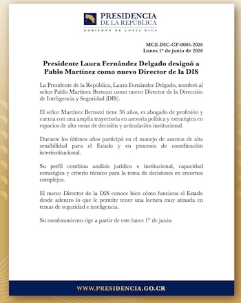 Comunicado de Casa Presidencial sobre el nombramiento de Pablo Martinez como director de la DIS. Créditos: Presidencia de la República