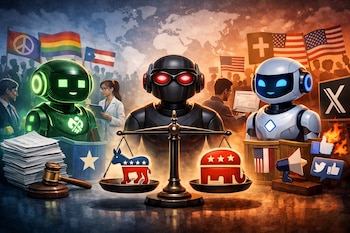Tres robots, una balanza con burro demócrata y elefante republicano, banderas políticas, mazo de juez, papeles, personas y logos de redes sociales.