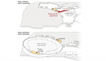 Plano de dos niveles: terraza superior y vestíbulo inferior. Indica escaleras, ascensores, baños. Una flecha roja señala la ruta del sospechoso; una estrella marca la ubicación de Trump.