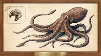 Ilustración científica en tono sepia de un pulpo gigante con ocho tentáculos. Un recuadro superior izquierdo muestra un detalle de su mandíbula con aspecto de pico.