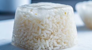 Primer plano de un bloque de arroz blanco cocido y congelado, con granos individuales visibles y burbujas de aire dentro del hielo.