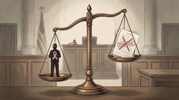 Una balanza de la justicia en un juzgado, con un trabajador con casco y un lazo rosa en un platillo, y un documento tachado con la palabra 'DISMISSAL' en el otro.
