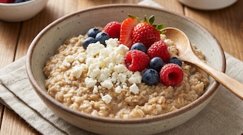 Un tazón de cerámica claro con avena, coronado con queso fresco desmenuzado, fresas, arándanos y frambuesas, con una cuchara de madera sobre un paño de lino.
