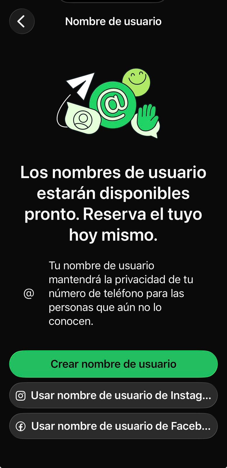 La función permite elegir un identificador único para compartir en lugar del número telefónico al iniciar un chat. (WhatsApp)