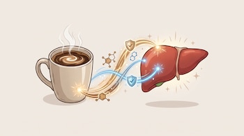 Una taza de café humeante, un hígado humano, tres estructuras moleculares, líneas de energía y dos escudos con marcas de verificación.