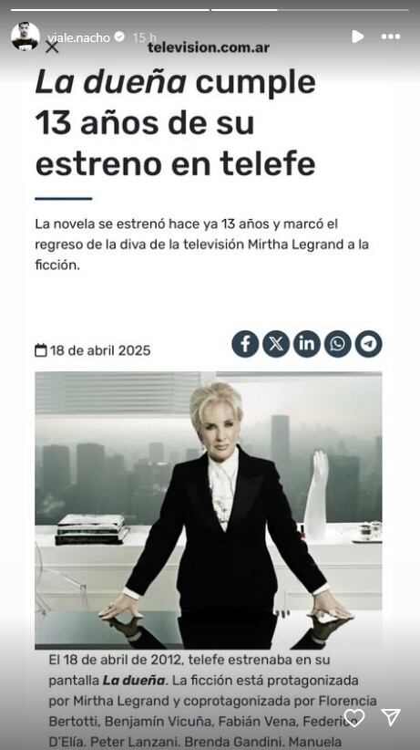 Nacho Viale recordó el aniversario número 13 de La Dueña, protagonizada por Mirthe Legrand (Instagram)