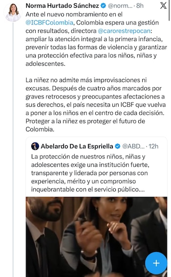 Norma Hurtado aseguró que Colombia espera una gestión en el Icbf con resultados - crédito @normahurtados/X