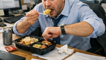 Hombre come de envase de comida con tenedor. En el escritorio hay una lata, portátil y documentos. De fondo, monitor, teclado, teléfono y reloj de pared.
