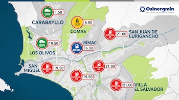 Mapa de Lima con marcadores de colores que indican precios de combustibles en varios distritos y el logotipo de Osinergmin en la esquina.