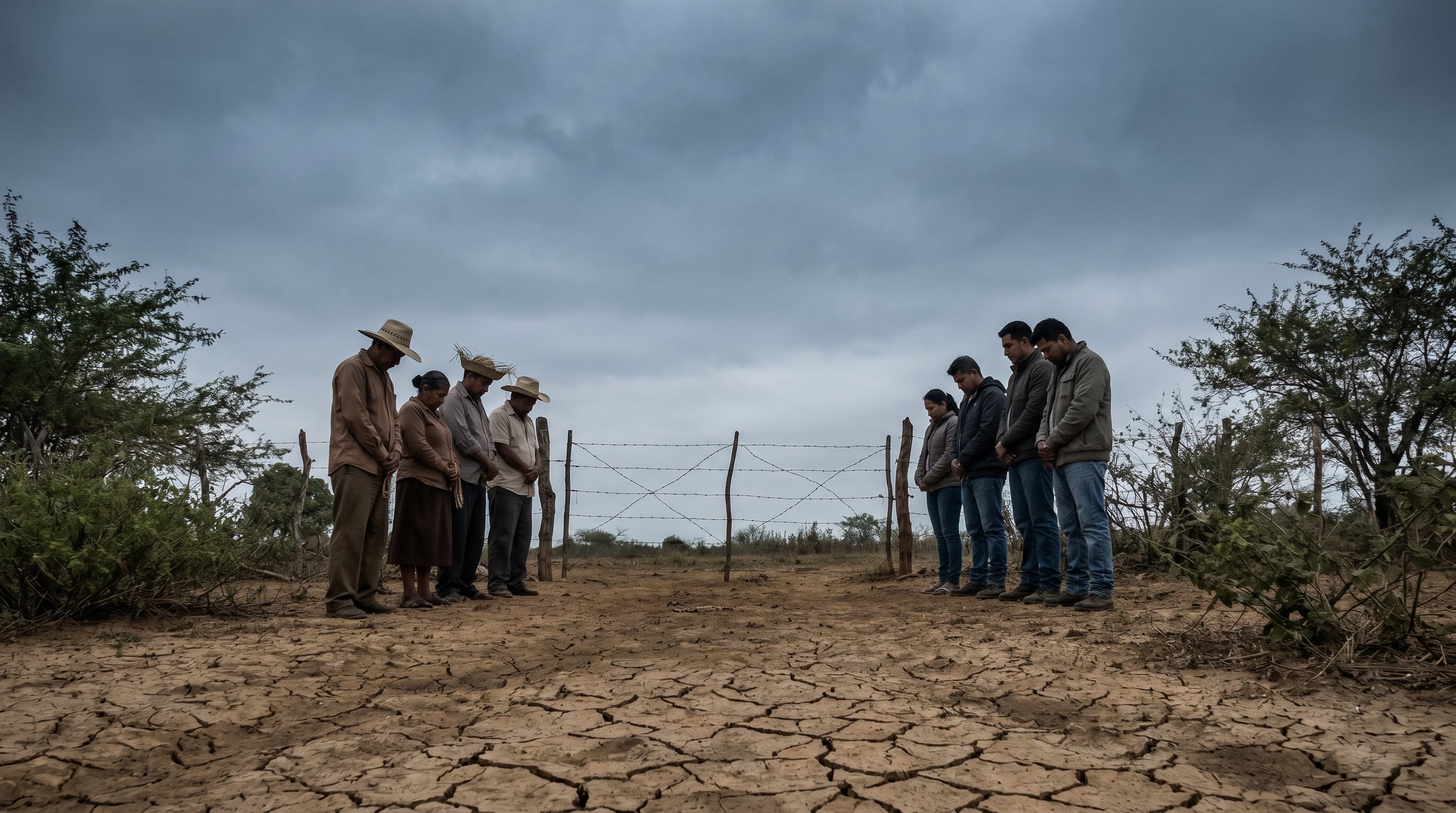 Dos grupos de personas, campesinos e individuos con ropa moderna, se encuentran a ambos lados de una cerca de alambre de púas en un paisaje rural reseco de Nicaragua, reflejando una tensión latente por la propiedad de la tierra. (Imagen Ilustrativa Infobae)