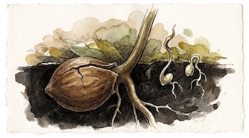 Ilustración de una semilla grande agrietada con raíces y tallo en la tierra, junto a dos semillas pequeñas con brotes finos.