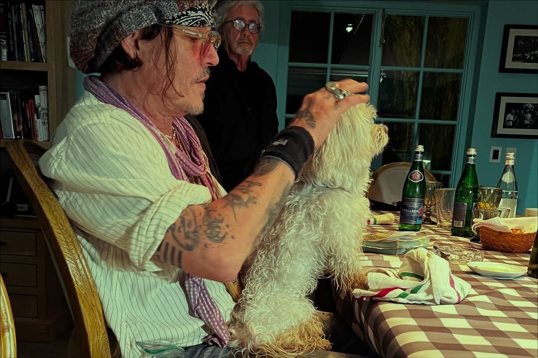 Copito, el perro de Vero Lozano, en la falda del protagonista de Piratas del Caribe y Charlie y la fábrica de chocolate