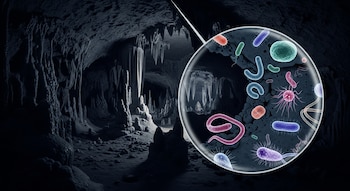 Vista de una cueva oscura con formaciones rocosas; un círculo luminoso en el costado muestra bacterias de múltiples formas y colores flotando.