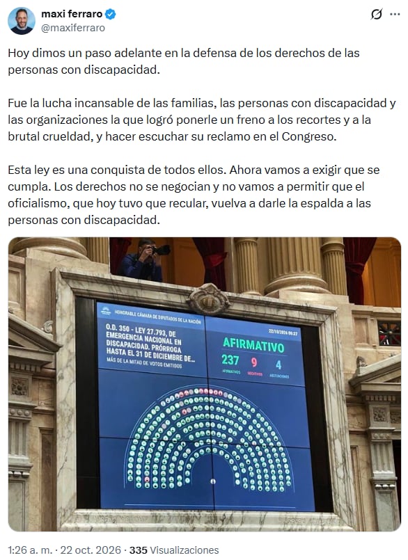 Una publicación en redes sociales del legislador Maxi Ferraro expone el tablero de votación de la Cámara de Diputados de Argentina que aprobó la prórroga de la ley de emergencia en discapacidad.