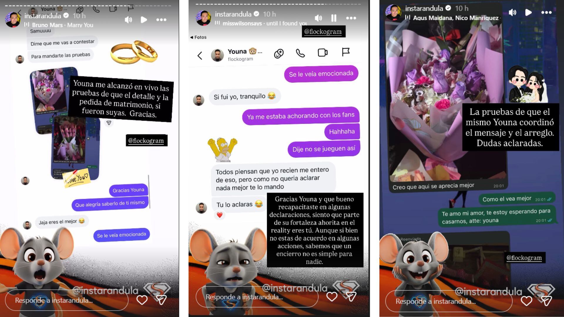 Youna confirmó mediante chats que él fue quien envió las flores y la pedida de matrimonio a Samahara Lobatón, quien participa en el programa ‘La Granja VIP’. (Instarándula)