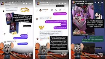 Capturas de pantalla de historias de Instagram mostrando mensajes de chat donde Youna confirma haber enviado flores y anillos de boda, junto a un ratón animado