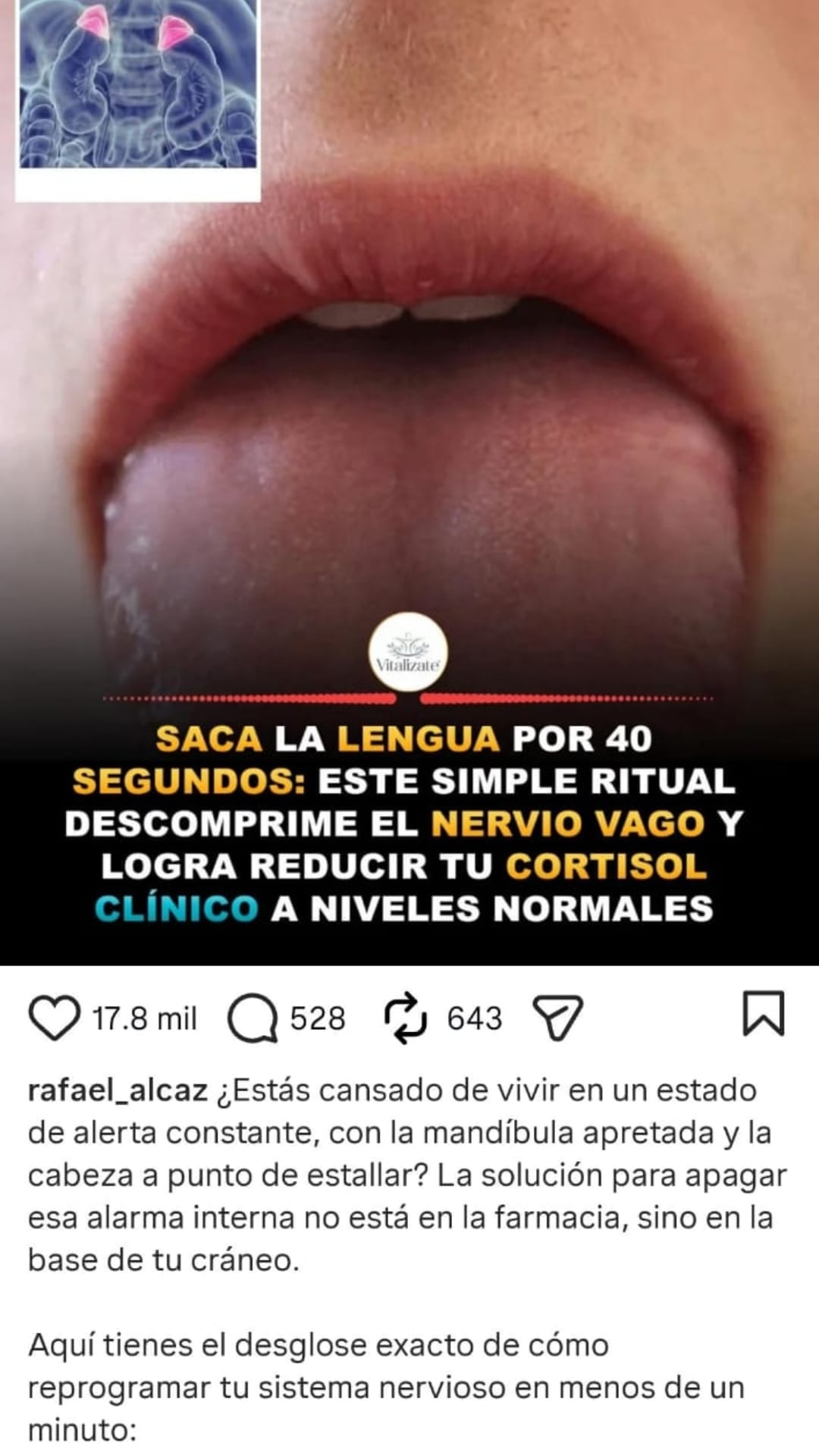 Miles de usuarios en redes sociales comparten un supuesto método de 40 segundos que promete reducir el estrés y el cortisol activando el nervio vago, como se muestra en esta imagen con la lengua extendida. (Instagram)