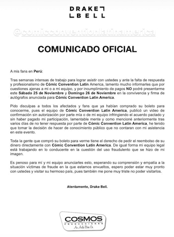 Comunicado oficial de Drake Bell.