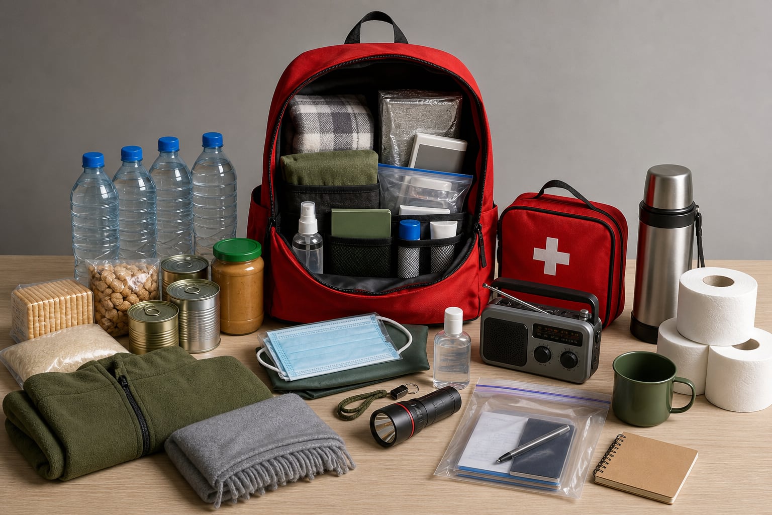 Una mochila de emergencia reúne agua, alimentos no perecederos, un botiquín, linterna y radio para responder ante sismos y desastres naturales. (Imagen Ilustrativa Infobae)