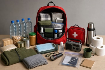 Mochila roja abierta sobre una mesa rodeada de botellas de agua, conservas, botiquín de primeros auxilios, linterna, radio y mantas.