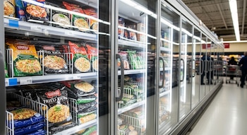 Uma fileira de geladeiras com portas de vidro em um supermercado americano mostrando sacos de arroz misto frito nas prateleiras.