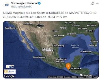 Sismo de 4.4 en Mapastepec, Chiapas. (X/ @SismologicoMX)