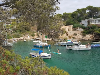Bahía rocosa con árboles frondosos, varias embarcaciones ancladas, casas costeras en la ladera y una persona en tabla de paddle surf