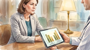 Mujer sentada frente a un médico que muestra una tableta con un gráfico de barras comparando edad de menopausia y riesgo de presión alta, lámpara en mesa.