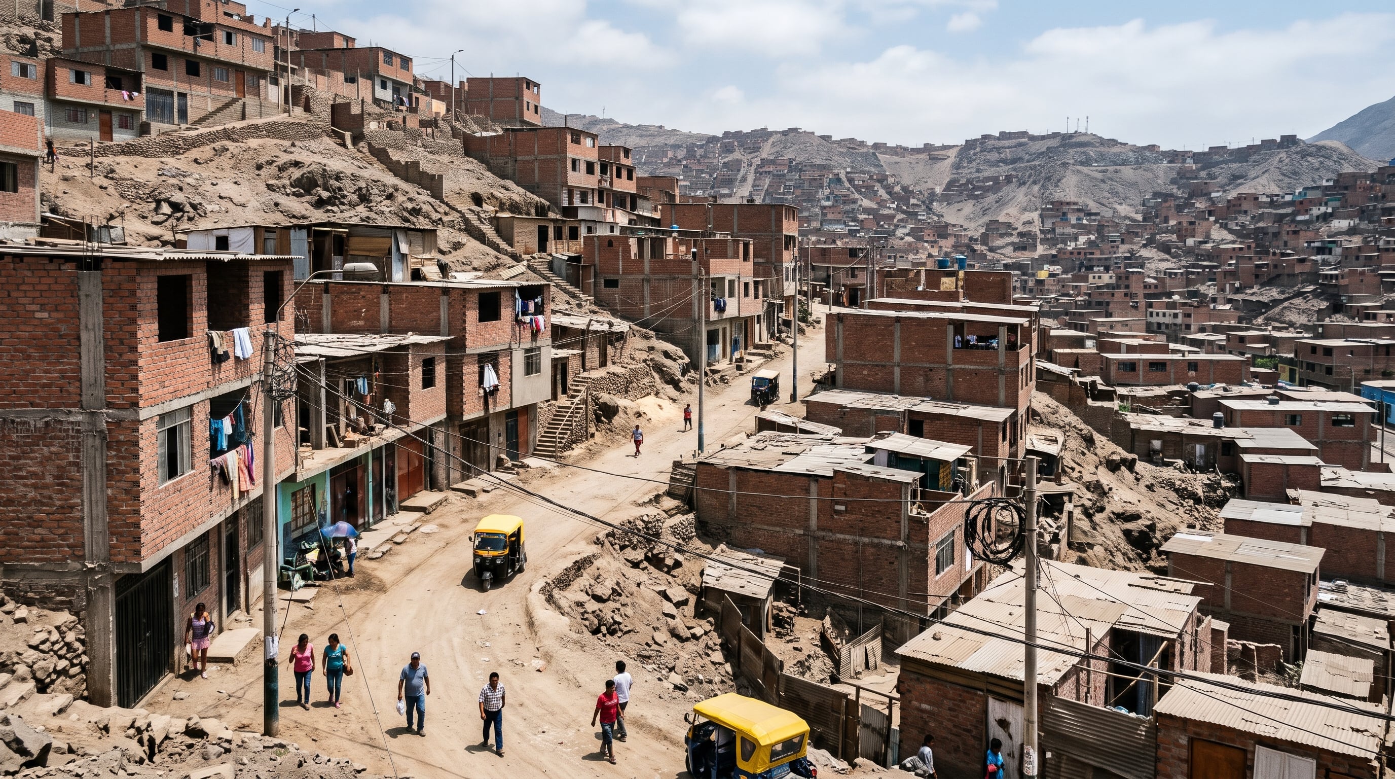 Viviendas de ladrillo sin tarrajear se extienden sobre las laderas de un asentamiento urbano en Perú, donde peatones y mototaxis transitan por caminos de tierra. (Imagen Ilustrativa Infobae)
