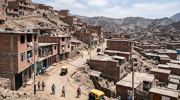 Casas de ladrillo sobre una colina, una calle de tierra con peatones, mototaxis amarillos y tendido eléctrico.