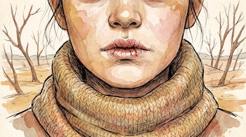 Ilustración de la boca, nariz y barbilla de una persona con labios resecos, bufanda de lana y árboles sin hojas en un paisaje desértico al fondo.