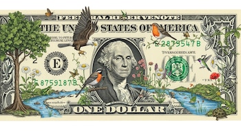 Billete de un dólar con George Washington, árbol, río, flores, águila, aves, mariposas, ranas, tortuga y otros elementos naturales.