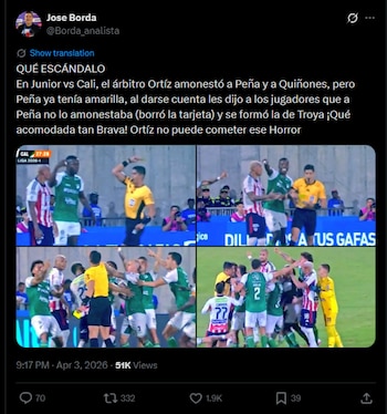 El analista de jueces detalló la polémica acción que protagonizó José Ortiz en el Junior vs. Cali con el defensor Jermein Zidane Peña-crédito @Borda_analista/X