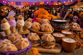 Conos de helado, hamburguesas con pan de muerto, vasijas de barro con pulque y flores de cempasúchil sobre una mesa decorada.